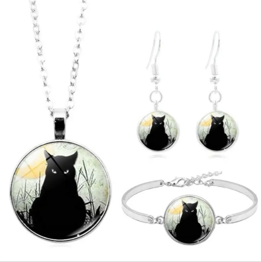 Black Cat 🐈‍⬛ Necklace Set Beautiful 😍 Necklace Bracelet & Earrings L👀K